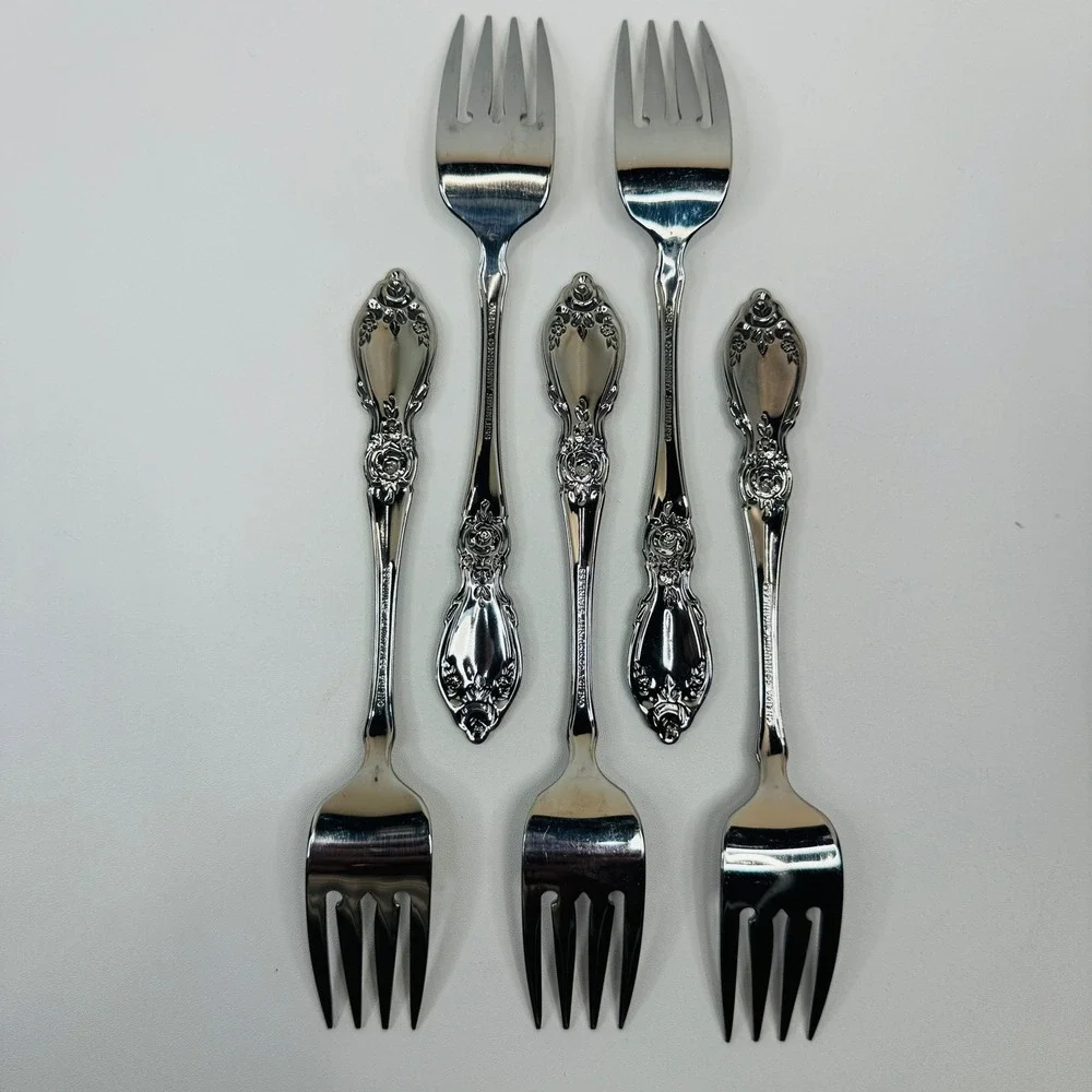 Oneida Plantation Stainless‎ Salad Luncheon Forks Set 5 Vtg Rose Floral 6 7/8